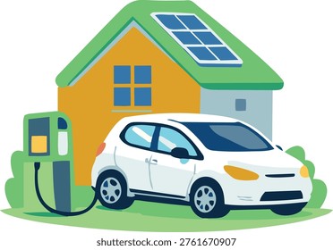 A flat vector illustration of an electric car charging at a home charging station with solar panels installed on the hous