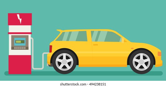 Flat vector illustration of electric car charging at the charger station.