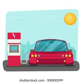 Flat vector illustration of electric car charging at the charger station. 