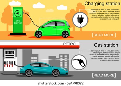 Flat vector illustration of an electric car charging at the charger station and a car fueling at the gas station. Electromobility e-motion concept. Eco fuel and gasoline