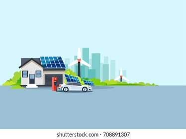 Flat vector illustration of an electric car at charging station parked nearby house with solar panels and wind turbines producing electricity. 