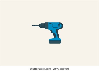 Ilustración vectorial plana de un taladro inalámbrico eléctrico, aislado en el fondo blanco. Ideal para la construcción, proyectos de bricolaje, herramientas de reparación e iconos industriales.