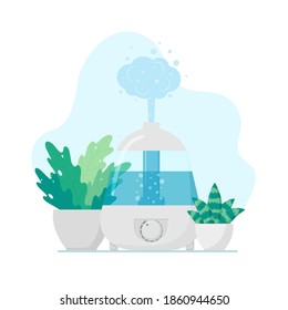 Flat vector illustration: electric humidifier and flower pots. Healthy moisturizer icon.