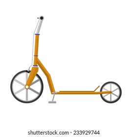 Flat vector illustration of electrical scooter. Yellow electrical kick scooter with gray handles and brake cables a front view. Flat design vector illustration isolated on white background.