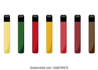 Flat vector illustration of electronic cigarette, different colours of a vape mods. Electronic cigarettes set. E-cigarette for vaping. Equipment for smoking. Disposable electronic cigarettes.