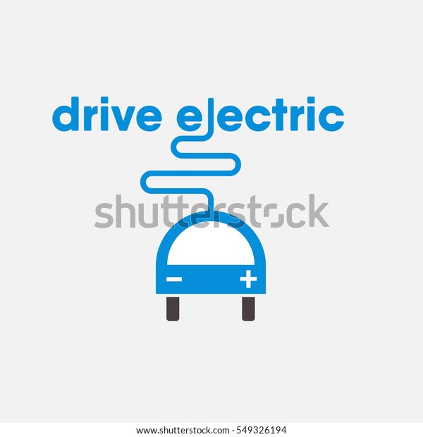 Flat vector illustration of electronic plug-wire\
and electric car concept. Positive and negative battery sign.\
Electromobility e-motion concept. \