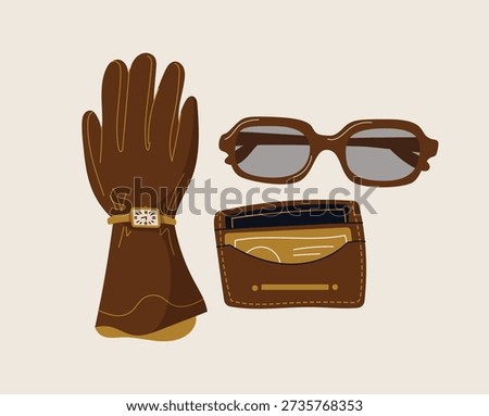 Flat Vector Illustration of Elegant Men’s Fashion Accessories Set Featuring Brown Leather Glove with Gold Wristwatch, Stylish Sunglasses, and Slim Card Holder Wallet Isolated on Plain Background