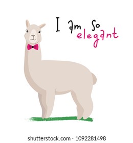 Flat vector illustration - elegant llama with bowtie.