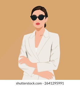 flat vector illustration of elegant woman wearing sunglasses and business suit.