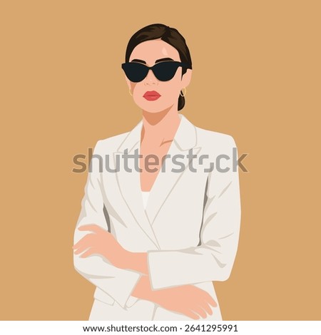 flat vector illustration of elegant woman wearing sunglasses and business suit.