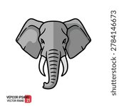 A flat vector illustration of an elephant head featuring large ears tusks and a trunk on a white background