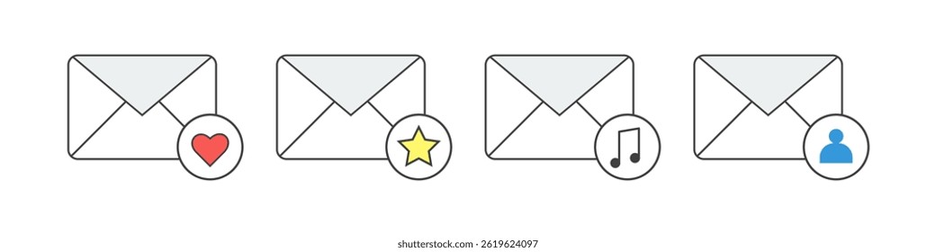 Flat vector illustration of email envelopes with category icons representing love, favorite, music, and user messages on white background.