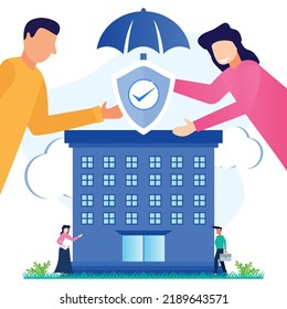 Flat Vector Illustration Of Employee Welfare Insurance And Labor Support With Social Security Concept. Human Resources Work To Protect The Team With Job Loyalty Within The Company.