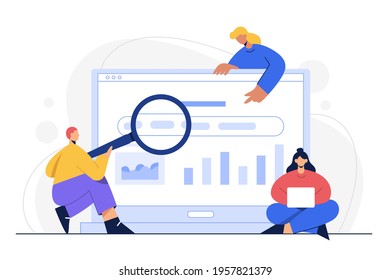 Flat vector illustration employee working in office workplace, searching data success, thinking new, problem solving, business theme
