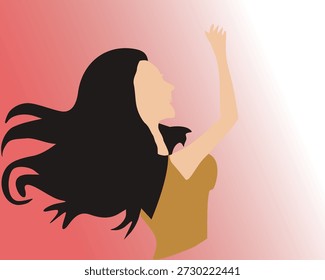 Ilustración vectorial plana de una silueta de mujer empoderada con cabello suelto y gesto de mano levantada. Representa confianza, libertad, fuerza femenina y motivación. Ideal para campañas de empoderamiento y carteles.