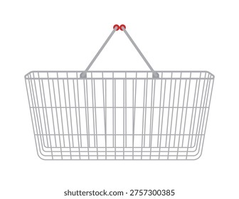 Flat vector illustration of an empty metal wire shopping basket with handles. Minimalist retail and e-commerce icon for grocery store, supermarket, and online shopping design.