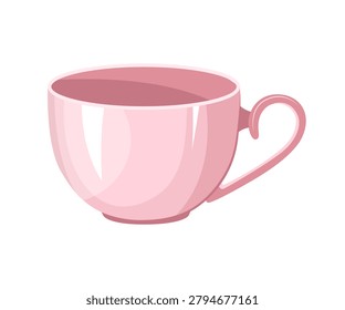 Flat vector illustration of an empty pink ceramic cup with a handle. Cute kitchen tableware icon isolated on white background.
