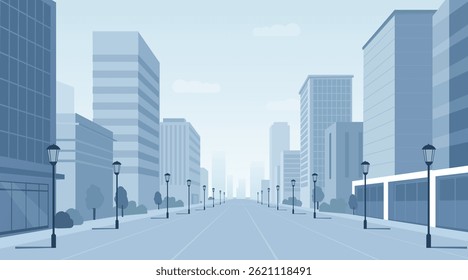 Flat Vector Illustration of Empty Urban Street with Modern Highrise Buildings and Lamp Posts – Minimalist Cityscape Background for Architecture, Business, and Real Estate Design