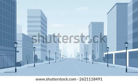 Flat Vector Illustration of Empty Urban Street with Modern Highrise Buildings and Lamp Posts – Minimalist Cityscape Background for Architecture, Business, and Real Estate Design