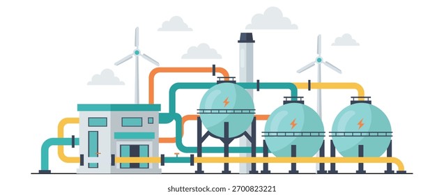Ilustración vectorial plana de la planta de energía con tanques de gas redondos, sistema de tuberías, turbinas eólicas e infraestructura de energía moderna para una producción de energía limpia y eficiente