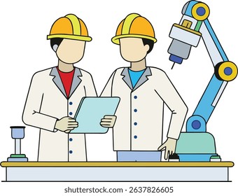 Flat vector illustration of engineers working with a robotic arm in a laboratory or factory. Ideal for automation, industry, and technology-related content. Professional and modern design.