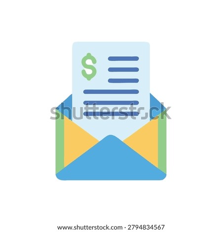Flat vector illustration of an envelope containing a document with a dollar sign. The composition highlights financial correspondence.