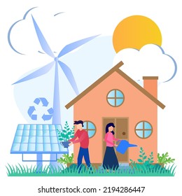 Flat vector illustration of environmental concepts, green energy, sustainable industry with windmills and solar energy panels and Corporate Governance.