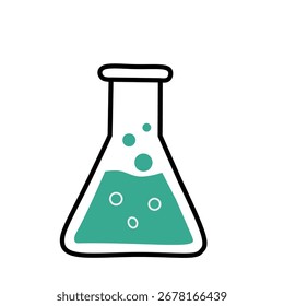 Flat vector illustration of an Erlenmeyer flask filled with green liquid and bubbles. Laboratory glassware icon for science, chemistry, and education design