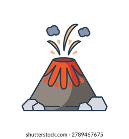 A flat vector illustration of an erupting volcano with red lava and gray smoke clouds isolated on a white background