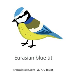 Flat vector illustration of a Eurasian blue tit in side view. Small colorful songbird isolated on a white background, suitable for educational and design use.
