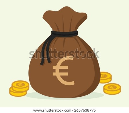 Flat vector illustration of euro symbol on a brown money bag with golden coins, simple cartoon sack icon, great for finance, economic union, and European monetary visuals