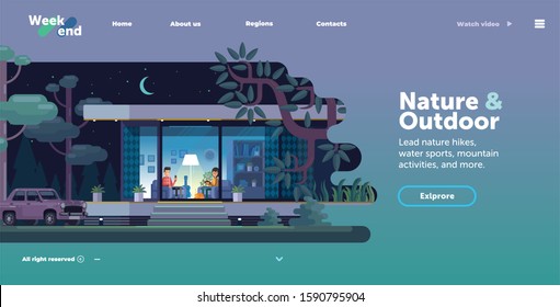 Flat vector illustration - in the evening, a couple sitting under the floor lamp in the house, outside the window of nature and trees. Template web interface