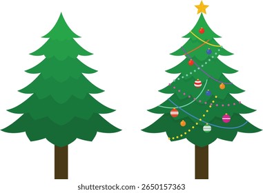Flat Vector Illustration of Evergreen Pine Tree and Decorated Christmas Tree with Colorful Baubles Garland and Star for Winter Holiday Greeting Cards and Seasonal Design
