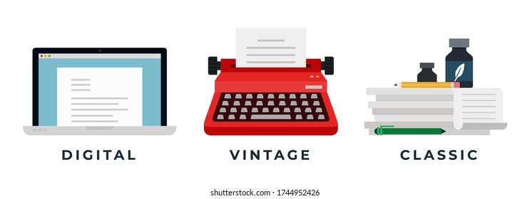 Flat vector illustration of evolution of devices, types of writing - digital, vintage, classic.