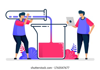Flat vector illustration of experiment with test tubes and beakers. Chemistry learning and study. Design for healthcare. Can be used for landing page, website, web, mobile apps, posters, flyers