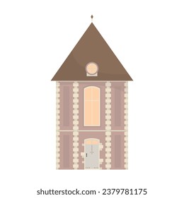 Flat vector illustration of exterior, tower house with large windows, brickwork and conical roof. European style, in a simple design on an isolated white background.	