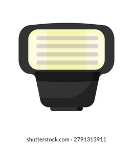 Flat vector illustration of an external camera speedlight flash from the front view. Photography equipment accessory isolated on white background.