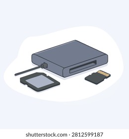 A flat vector illustration of an external memory card reader device with a connected cable and two memory cards positioned next to it on a light background