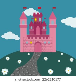 A flat vector illustration of a fabulous cartoon pink castle for a princess, a stone path leads to it. Beautiful green grass and fragrant white flowers grow around the castle.
