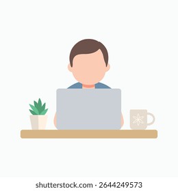 Flat vector illustration of a faceless character working remotely with a laptop and coffee mug. Clean white background, pastel colors, animation-friendly design.