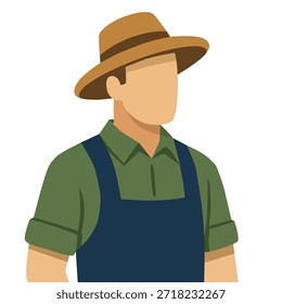 Ilustração vetorial plana de um fazendeiro masculino sem rosto usando um chapéu de palha, camisa verde e avental azul, isolado em um fundo branco. O design minimalista representa agricultura, agricultura, estilo de vida rural, sustentabilidade e trabalho manual, adequado para uso em infográficos, materiais educacionais, branding, sites e projetos de design comercial.