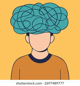 Flat vector illustration of a faceless man with a scribble cloud for hair, symbolizing confusion, stress, and overthinking.