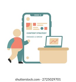 Flat vector illustration of a faceless professional interacting with a smartphone displaying content strategy, alongside a laptop with growth analytics, symbolizing digital marketing, engagement, and business results.