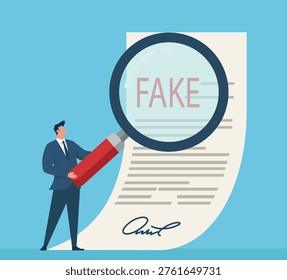 Flat vector illustration of fact-checking, document review, authenticity control, and identifying false or misleading information