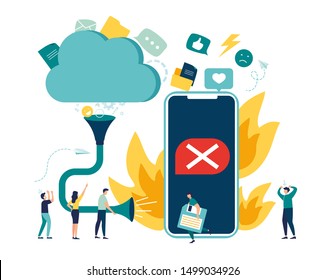 Flat vector illustration, failure of the fire phone, transfer pump data to the cloud, load monitoring cloud, folder transfer data documents, data storage