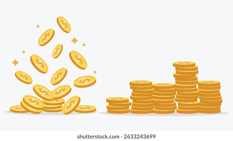 Flat Vector Illustration of Falling and Stacked Gold Coins with Dollar Symbol
