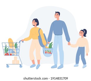 Ilustración vectorial plana. Familia comprando comestibles en tienda.