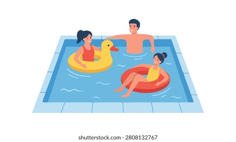 Flat vector illustration of a family enjoying time together in a swimming pool with inflatable floats, representing summer vacation, recreation, and family bonding.