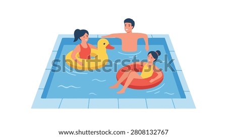 Flat vector illustration of a family enjoying time together in a swimming pool with inflatable floats, representing summer vacation, recreation, and family bonding.