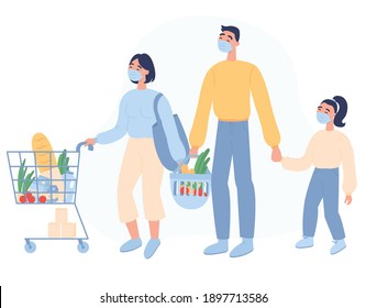 Flat vector illustration. Family in face mask buying groceries in shop. Shopping while quarantined. Lockdown